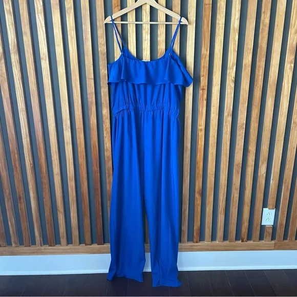 michael kors cobalt blue jumpsuit ruffle top wide leg pants size large - Picture 2 of 5